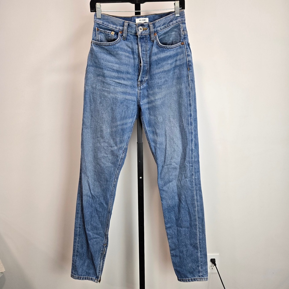 RE/DONE High Rise‎ Straight Leg Jeans Button Fly Medium Wash Zip Ankle Size 26